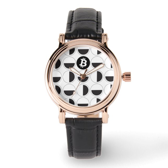 Bitcoin Designer Zwart-wit Horloge (Voorkant)