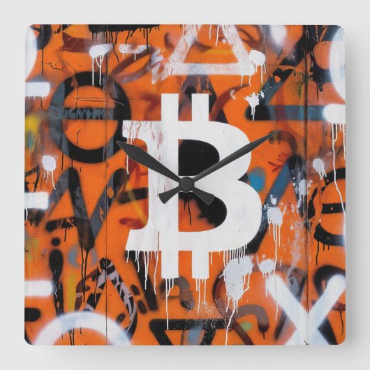 "Bitcoin Graffiti" (Stijl #2) Straatkunst Vierkante Klok (Voorkant)