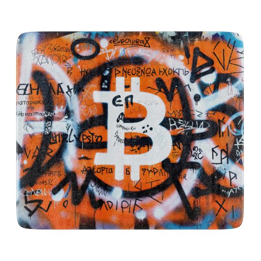 "Bitcoin Graffiti" (Stijl #4) Straatkunst Snijplank (Voorkant)