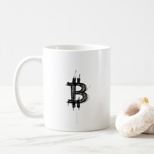 Bitcoin Lijn Kunst Logo (Zwart ₿) Koffiemok (Met donut)
