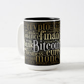 Bitcoin logo wordart graphics tweekleurige koffiemok (Voorkant links)