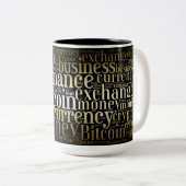 Bitcoin logo wordart graphics tweekleurige koffiemok (Voorkant rechts)