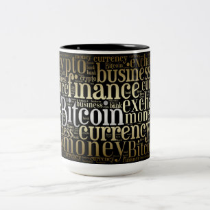 Bitcoin logo wordart graphics tweekleurige koffiemok