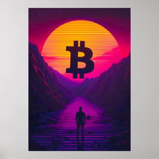 Bitcoin Neon Retro Sunset Poster (Voorkant)