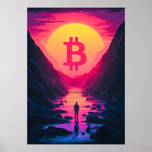 Bitcoin Retro 80s zonsondergang Poster (Voorkant)