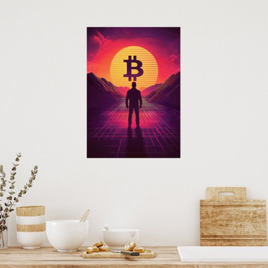 Bitcoin Retro Sunset Crypto Poster (Keuken)