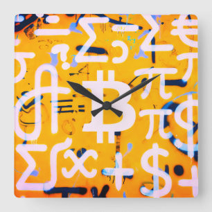 Bitcoin-straatkunst (oranje schilderij nr. 4) vierkante klok