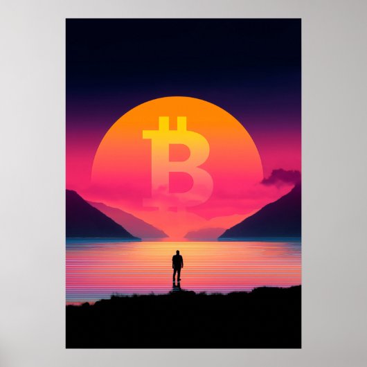 Bitcoin Symbool retro zonsondergang jaren 80 Poster (Voorkant)