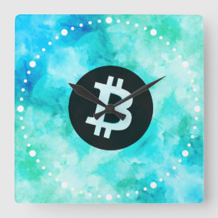Bitcoin Watercolor (Stijl 3 - Strandleven) Vierkante Klok
