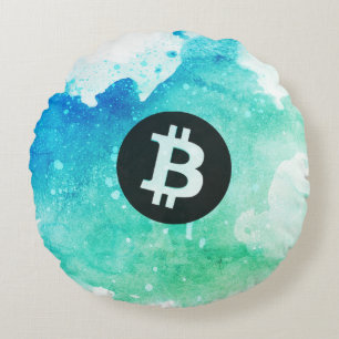 Bitcoin Watercolor (Stijl 5 - Wave Rider) Rond Kussen