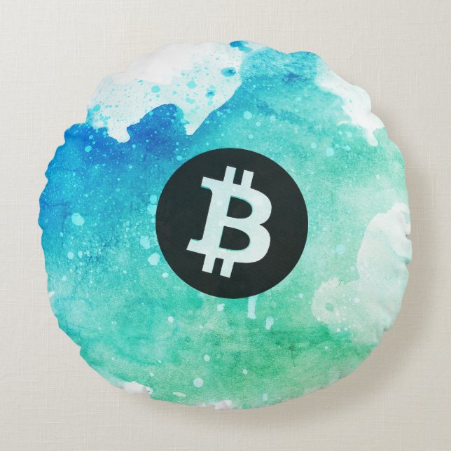 Bitcoin Watercolor (Stijl 5 - Wave Rider) Rond Kussen (Voorkant)