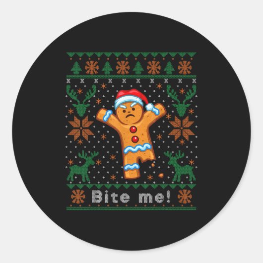 Bite Me Gingerbread Man - Funny Ugly Christmas Swe Ronde Sticker (Voorkant)