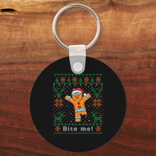 Bite Me Gingerbread Man - Funny Ugly Christmas Swe Sleutelhanger (Voorkant)