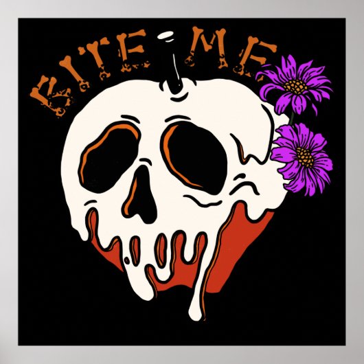 Bite me - Halloween Skull Poison Apple & Flowers Poster (Voorkant)