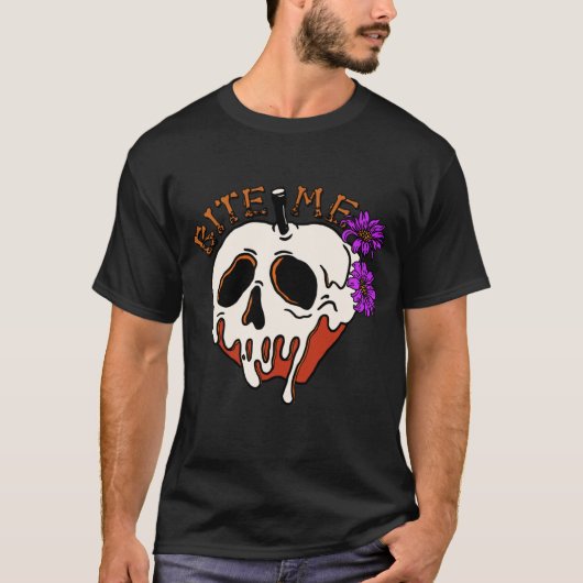 Bite Me - Halloween Skull Poison Apple & Flowers T-shirt (Voorkant)