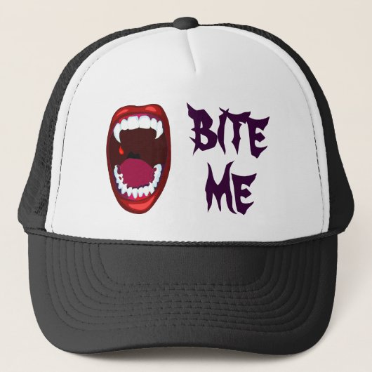 Bite me Vampire Teeth Demon Fangs Campy Horror Art Trucker Pet (Voorkant)