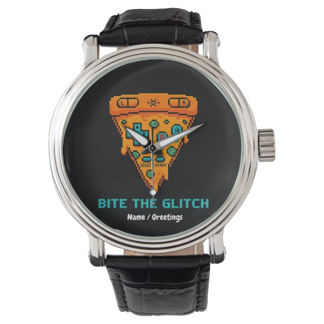 Bite the Glitch Retro 8-Bit Pixel Pizza Gamer  Horloge (Voorkant)