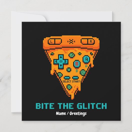  Bite the Glitch Retro 8-Bit Pixel Pizza Gamer  Kaart (Voorkant)