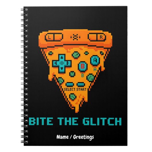  Bite the Glitch Retro 8-Bit Pixel Pizza Gamer  Notitieboek (Voorkant)