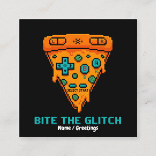  Bite the Glitch Retro 8-Bit Pixel Pizza Gamer  Vierkante Visitekaartje