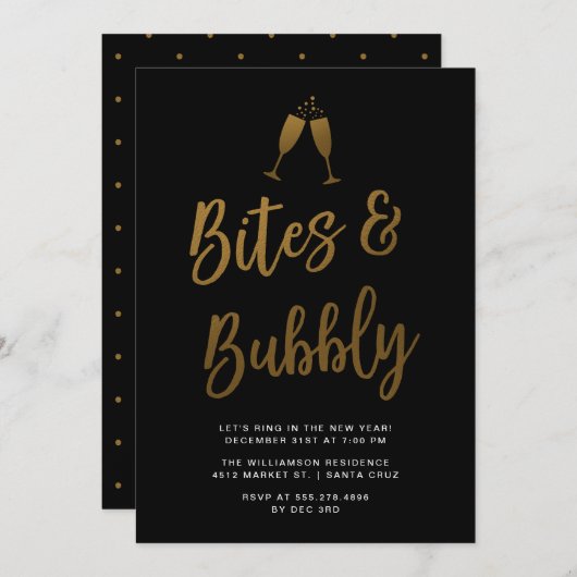Bites en bubbels | Gold Script Nieuwjaarsfeest Kaart (Voorkant / Achterkant)