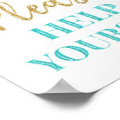 Bitte bedienen bord met blauwe gouden confetti poster (Hoek)