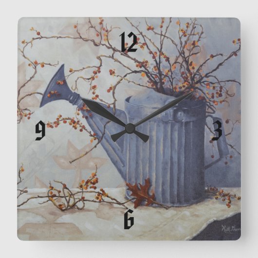 Bittersweet in Watering Can on Quilt Clock Vierkante Klok (Voorkant)