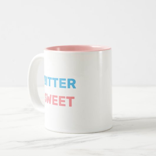 Bitterzoet in Turquoise & Roze Tekst tweetone Koff Tweekleurige Koffiemok (Voorkant links)