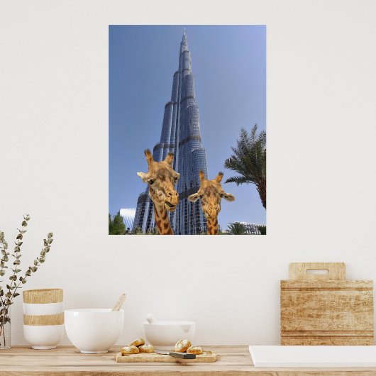 Bizarre Giraffen bij Burj Khalifa Muurkunst Poster (Keuken)