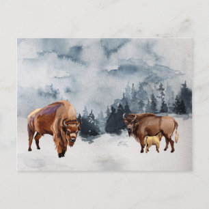 Bizon Buffalo Watercolor Landschap Winter Feestdagenkaart