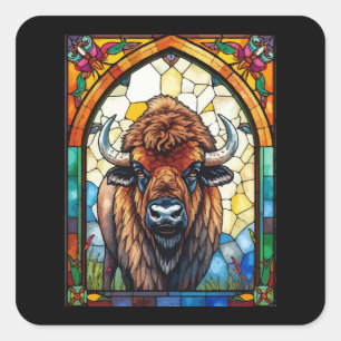 Bizon Buffel Gebrandschilderd Glas Natuur Dieren Vierkante Sticker