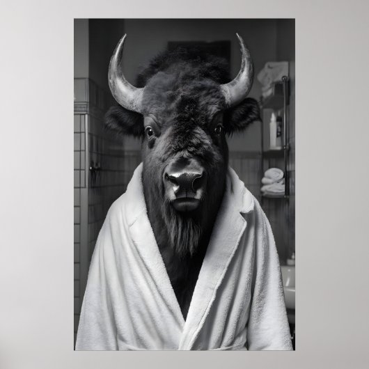 Bizon in badjas kunstprint, grappige badkamer poster (Voorkant)