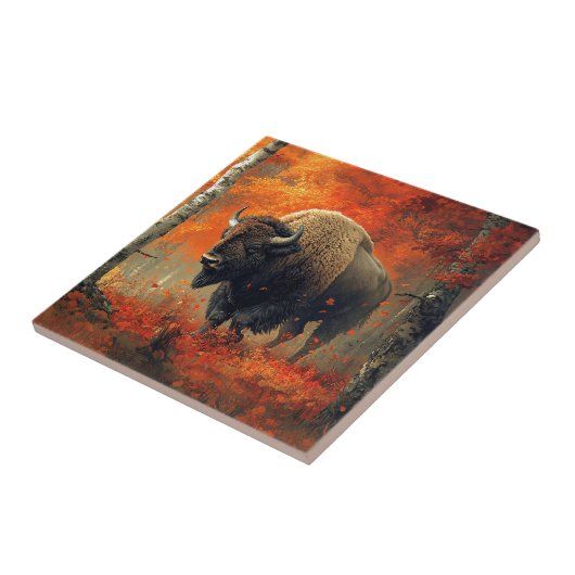 Bizon in de herfstkunst van Bossen Tegeltje (Zijkant)