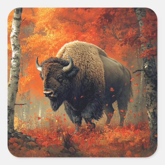 Bizon in de herfstkunst van Bossen Vierkante Sticker (Voorkant)