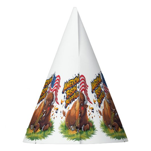 Bizon met Amerikaanse vlag in gras Feesthoedjes (Achterkant)