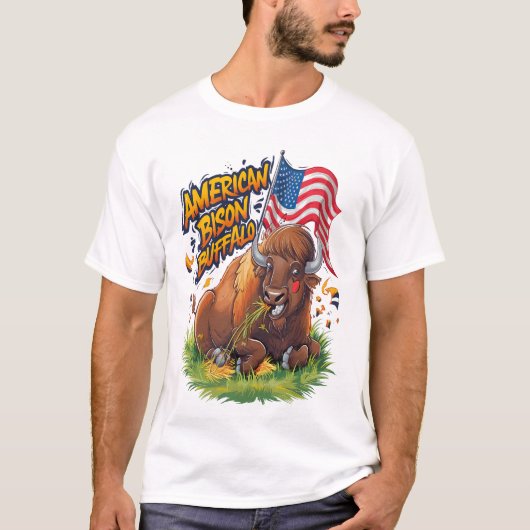 Bizon met Amerikaanse vlag in gras T-shirt (Voorkant)