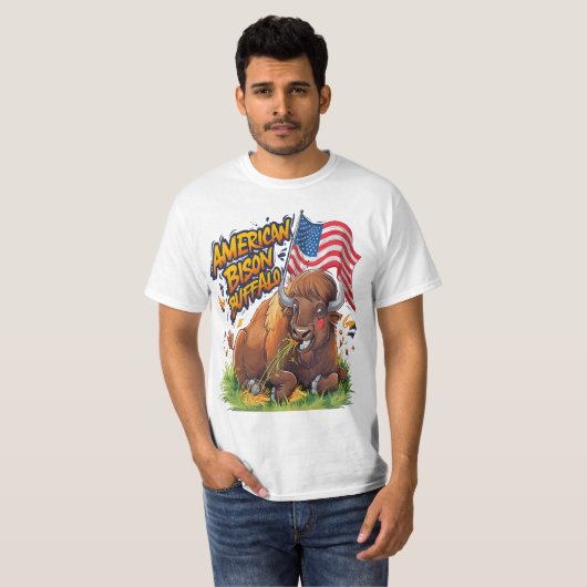 Bizon met Amerikaanse vlag in gras T-shirt (Voorkant volledig)