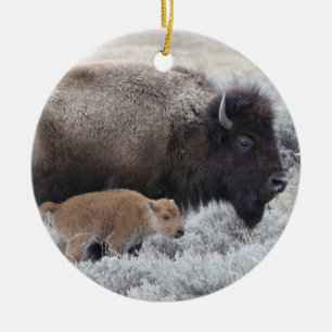 Bizon met kalf, Yellowstone Keramisch Ornament