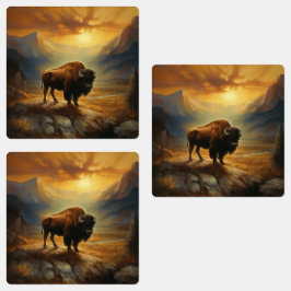 Bizon Silhouet Bij Zonsondergang Labels