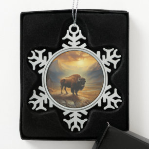 Bizon Silhouet Bij Zonsondergang Tin Sneeuwvlok Ornament
