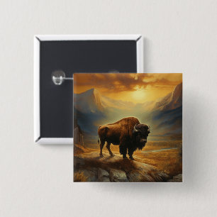 Bizon Silhouet Bij Zonsondergang Vierkante Button 5,1 Cm