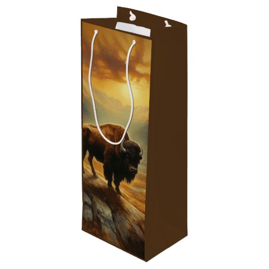Bizon Silhouet Bij Zonsondergang Wijn Cadeautas (Achterkant Gekanteld)