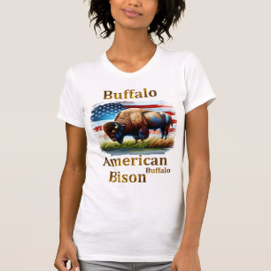 Bizon staand in een veld met gras en de Amerikaans T-shirt