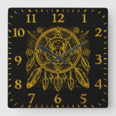 Bizonontwerp met veren en geometrische patronen vierkante klok (Voorkant)