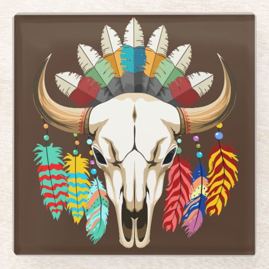 Bizonschedel Native American embleem Glazen Onderzetter (Voorkant)