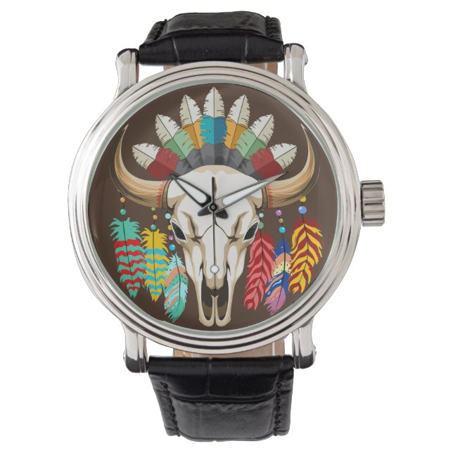 Bizonschedel Native American embleem Horloge (Voorkant)
