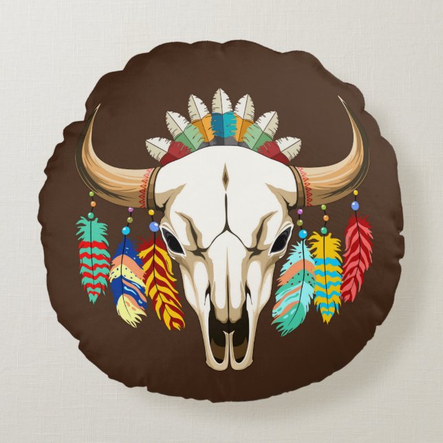 Bizonschedel Native American embleem Rond Kussen (Voorkant)
