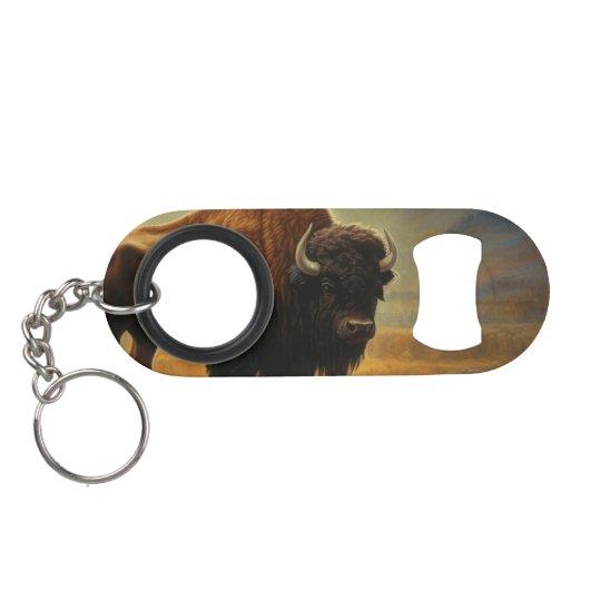 Bizonsilhouet bij zonsondergang mini flessenopener (Achterkant Horizontaal)