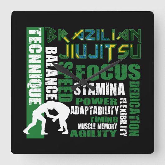 "BJJ Elements" Braziliaanse Jiu Jitsu Wall Clock Vierkante Klok (Voorkant)
