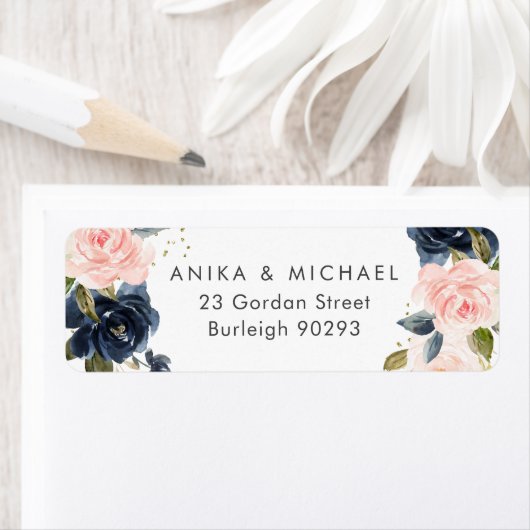 Bkush & Navy Bloemen Bruiloft Retouradres Etiket (Insitu)